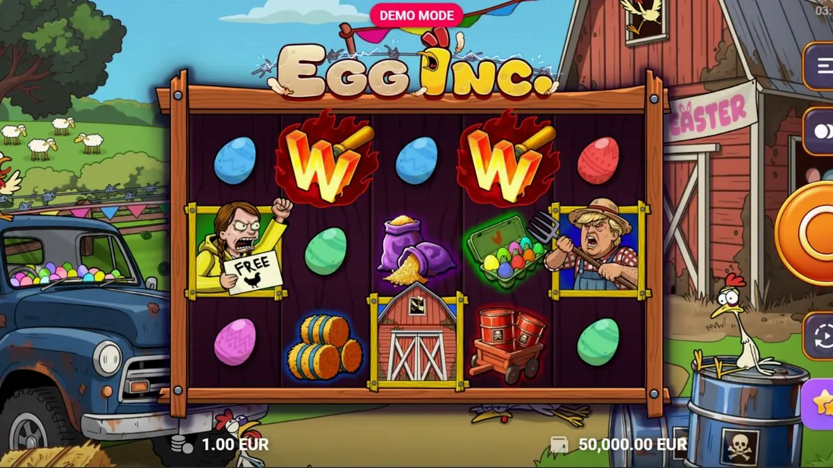 Tampilan visual slot Egg Inc. dengan tema pemberontakan peternakan yang penuh warna