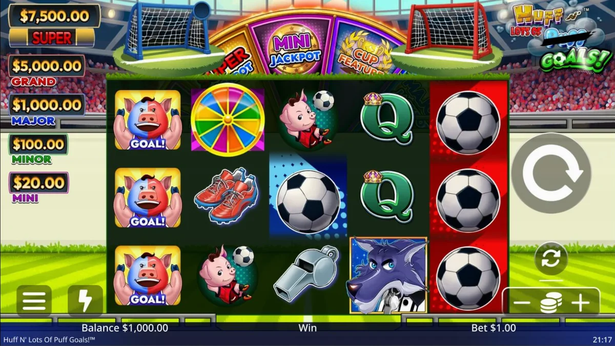 Tiga babi kecil dalam seragam sepak bola di lapangan stadion dalam slot Huff N' Lots of Goals