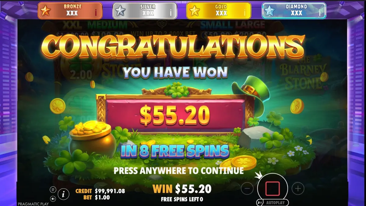 Tampilan visual slot The Blarney Stone dengan tema leprechaun dan pedesaan Irlandia