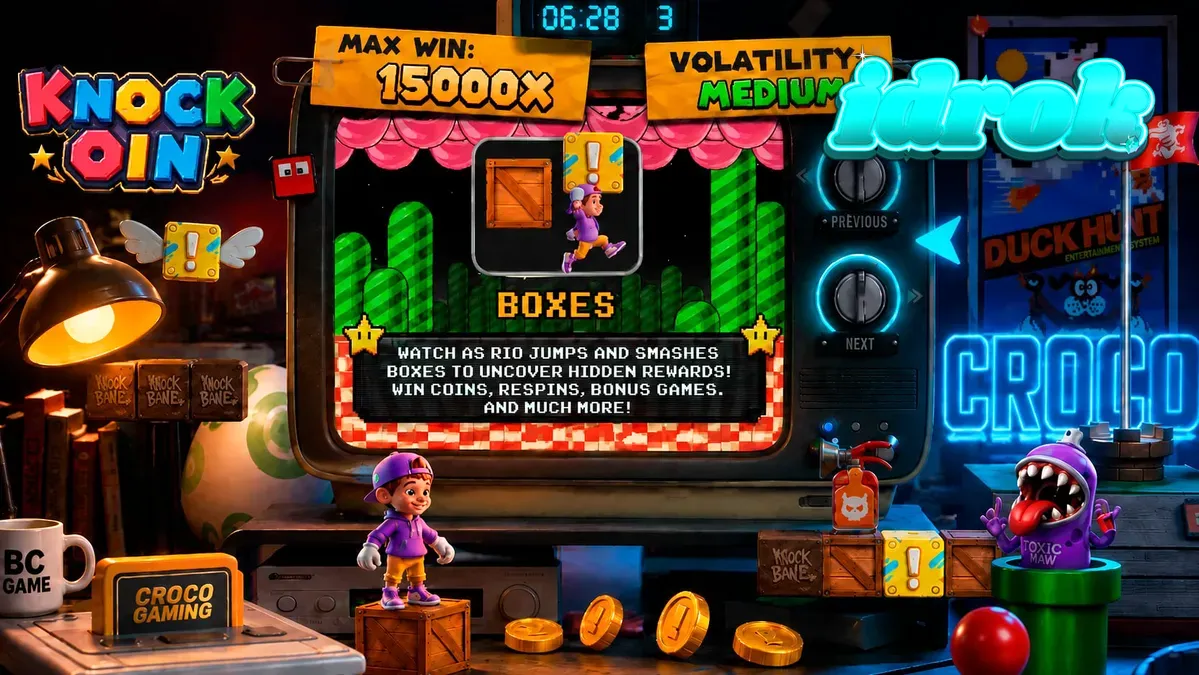 Tampilan visual retro 8-bit dari slot KNOCKOIN dengan karakter Rio di lingkungan platformer.